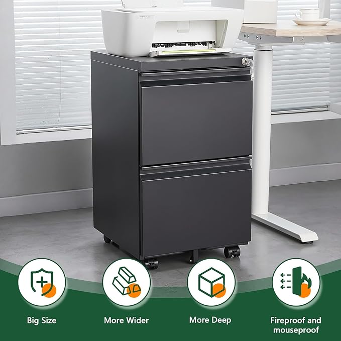 File Cabinet 2 Drawers on Wheels Under Desk Black Metal Rolling File Cabinets with Lock for Home Office Un-Assembled Filing Cabinet with Lock (2 Drawer Black)