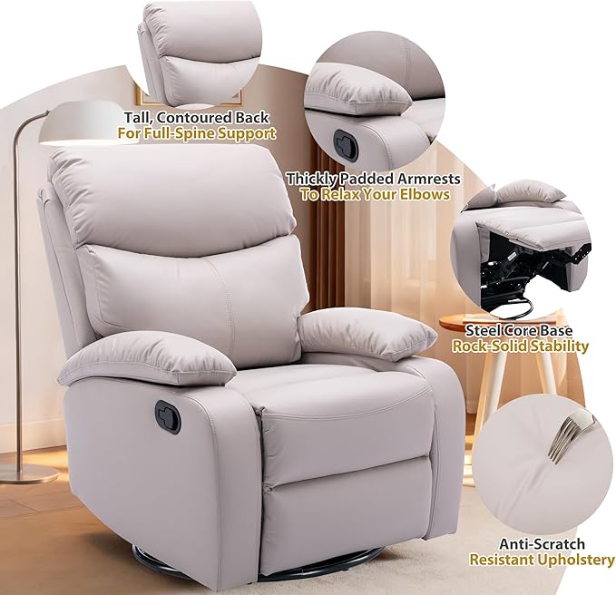 Swivel Rocker Recliner Chair for Adults Rocking Small Recliner Chairs for Small Spaces Glider Chairs Recliner Lazyboy Single Sofa for Nursery Living Room RV Beige