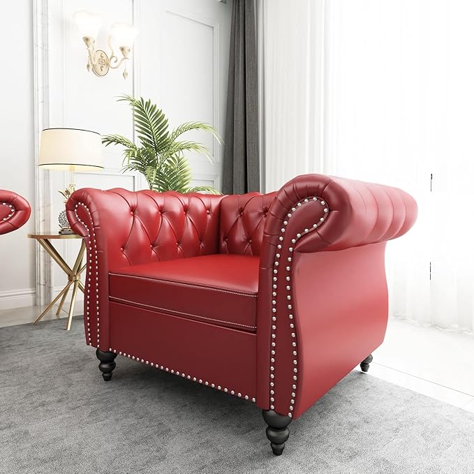 AVZEAR Leather Upholstered Armchair Single Sofa Chair with Rolled Arms and Nailhead Mid-Century Modern Tufted PU Chesterfield Chair for Living Room Bedroom Office Apartment Claret