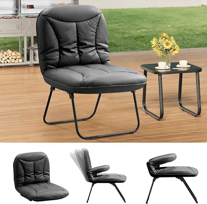 Furniliving 3 in 1 Folding Chair Foldable Floor Chair for Reading Lounging &amp Gaming Portable Camping Chair with Metal Frame Comfy Accent Chair Reading Chair for Indoor Living Room PU (Black)