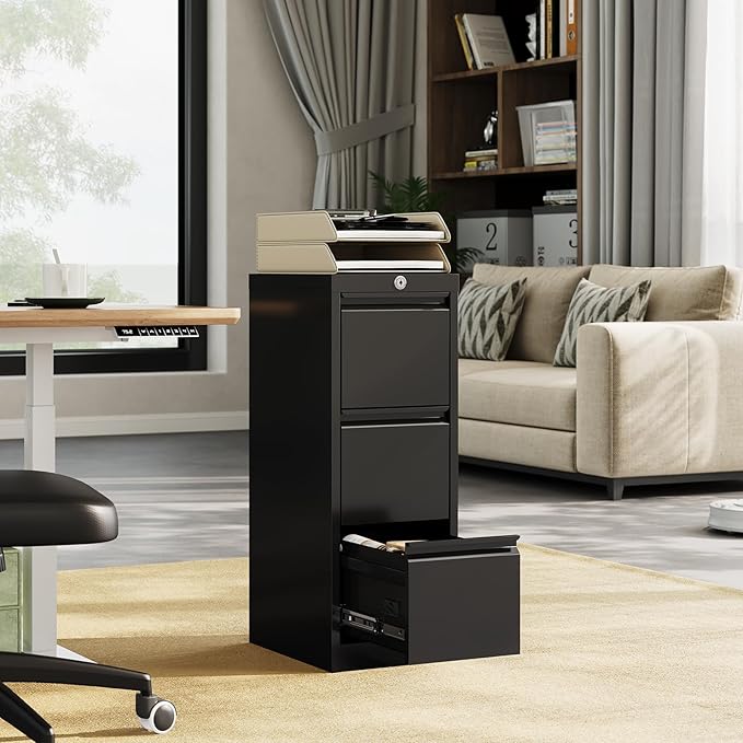 3-Drawer Lateral File Cabinet with Lock Heavy Duty Metal Filing Cabinet for Letter/Legal/A4/F4 Documents Space-Saving Vertical Office Storage Organizer for Home Office Easy Assembly Black