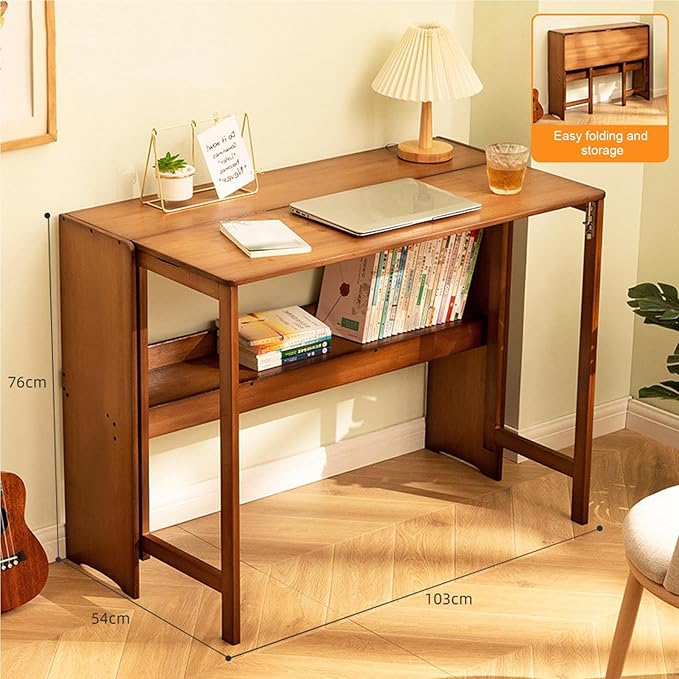 Bamboo Folding Desk with BookshelfFolding Computer Table Multipurpose Table with Bookshelf Wooden Workstation Standing Work Desk for Home and Office Living Room Bedroom Kitchen