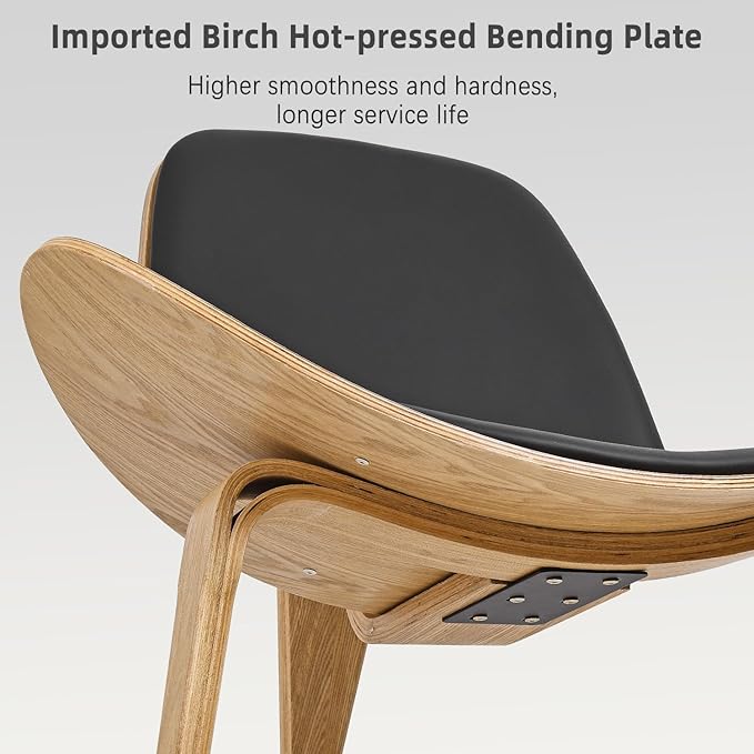 Hans Wegner Style Three-Legged Shell Chair Ash Plywood Black Faux Leather Accent Chair Living Room Furniture Mid-Century Modern Shell Chair