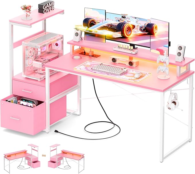 Aheaplus Gaming Desk with LED Strip &amp Power Outlet 59Inch Reversible Computer Desk with Monitor Stand &amp Storage Shelves Home Office Desks with Fabric File Drawer Gamer Table PC Desk Pink