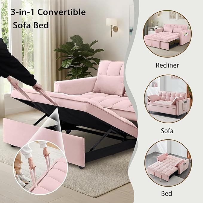3 in 1 Folding Convertible Sofa Bed 55'' Pull Out Couch Bed with Side Pocket Velvet Fabric Loveseat Sleeper Sofa with Adjustable Backrest Easy AssemblyPerfect for Living Room Pink