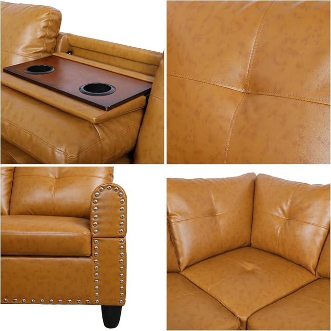 L Shaped Sectional Couches Convertible Lounge Leather Couch with Reversible Cup Holder Nail-Head Design Modern Modular Sectional Sofa for Living Room Furniture Sets Orange B