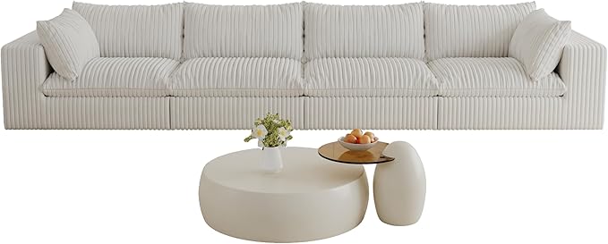 Oversized 158 W Corduroy Boneless Couches for Living Room No Assembly Required Modular Sectional Sofa with Thick Cushion&ampMemory foam Compress Upholstered Couches for Apartment(White 4 Seater)