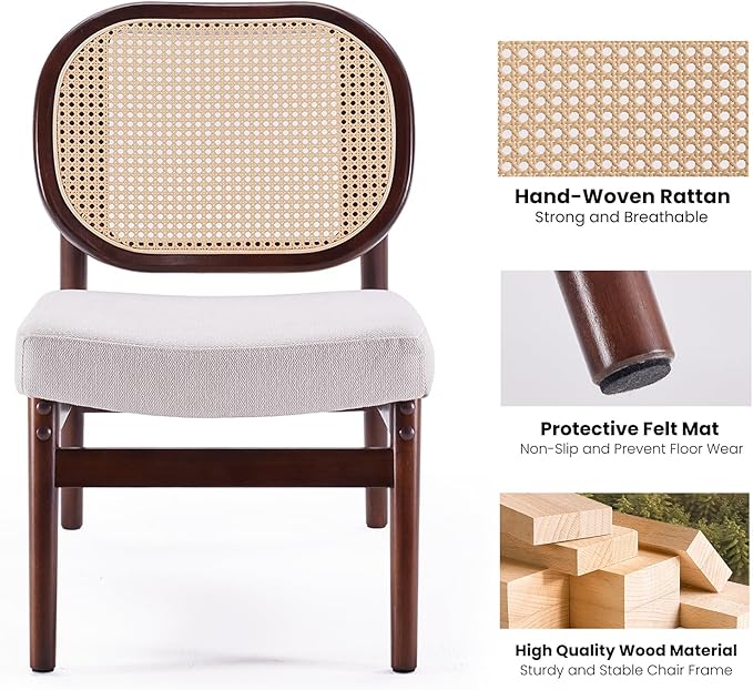 Farini Rattan Accent Chair Upholstered Living Room Chair with Rattan Back &amp Wood Frame Mid-Century Modern Reading Chair for Living Room Bedroom Beige