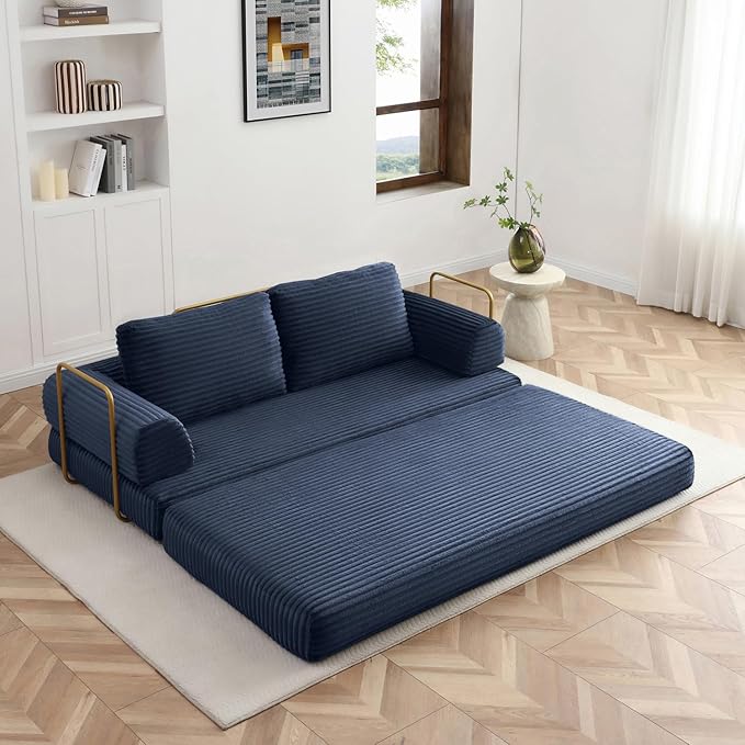 80” Convertible Sleeper Sofa Bed High Back Plush Corduroy Boneless Futon Loveseat with Pull Out Bed Fixed-Shape Folding Floor Mattress Couch No Assembly Required (Blue)