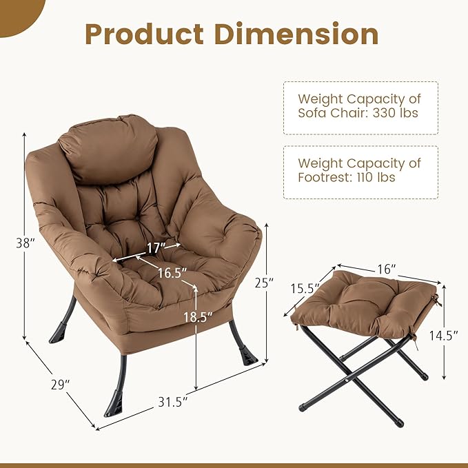 Single Lazy Sofa Chair w/Foldable Ottoman Modern Lounge Chair Indoor w/Armrest &amp Side Storage Pocket Upholstered Comfy Reading Chair for Bedroom Living Room Office
