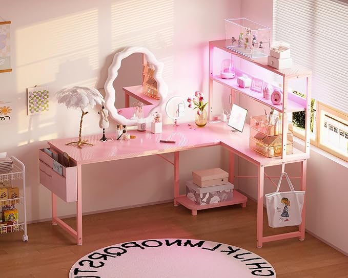AODK L Shaped Desk Gaming Desk with LED Light &amp Power Outlet 53 Inch Reversible L Shaped Computer Table with Shelf &amp Storage Bag &amp Hook for Home Office Pink