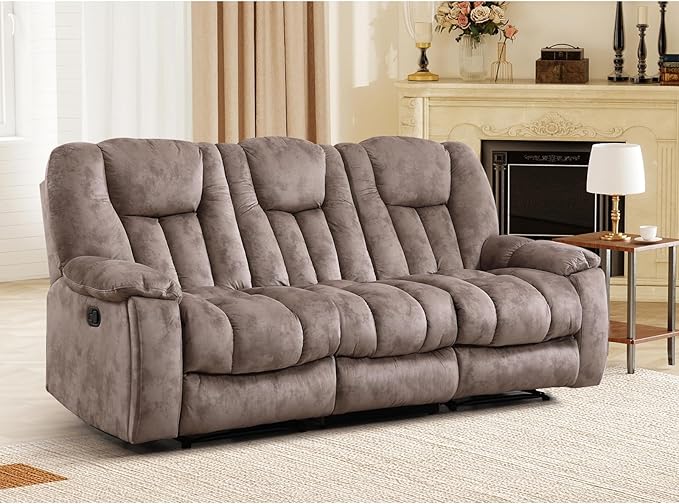 EBELLO Reclining Sofa for Living Room Extra Wide Modern Overstuffed 3 Seat Recliner Manual Sofa Chair with Hidden Armrest Cup Holders Breathable Soft Fabric and Padded Seat Light Brown