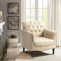 Pia Ricco Modern Tufted Accent Chair Single Faux Leather Armchair with Nailhead Trim &amp Wood Legs Comfortable Upholstered Seat for Living Room Office - Beige