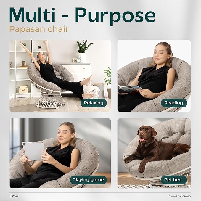 Bme 40 Ergonomic Wicker Papasan Chair with Soft Thick Cushion &amp Frame 360° Swivel Circle Reading Comfy Chair for Living Room Bedroom