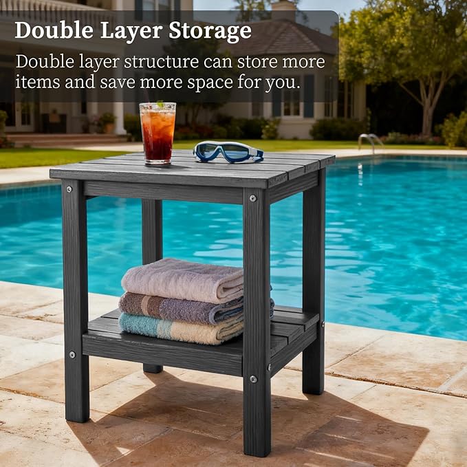 Outdoor Side TableDouble Layer Small Side TablesAll Weather Adirondack Side Table Waterproof Outdoor End Tables for PatioPoolPorch (Gray)