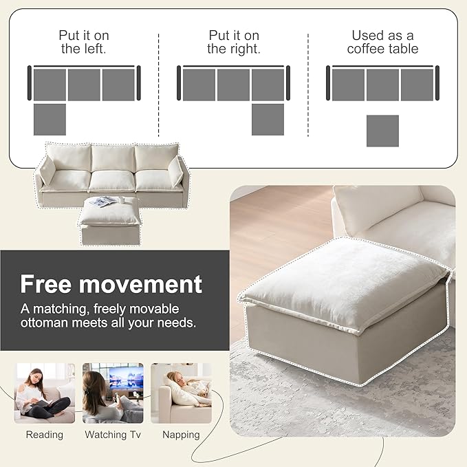 93.31 Inch L-Shaped Couch Sofa with Movable Ottoman Modular Sectional Sofa with 4 Seats and Pillows for Living Room Modern Chenille Fabric Large Comfy Cloud Couch DIY Combination (Beige-93inch)