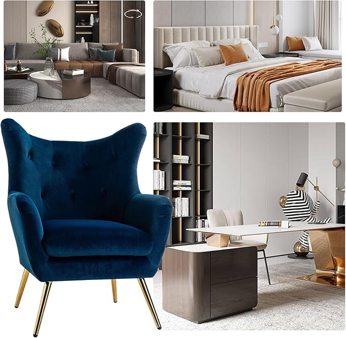 HULALA HOME Velvet Accent Chair Set of 2 Modern Wingback Arm Chair with Metal Gold Legs Velvet Tufted Upholstered Single Sofa Chair (Navy)