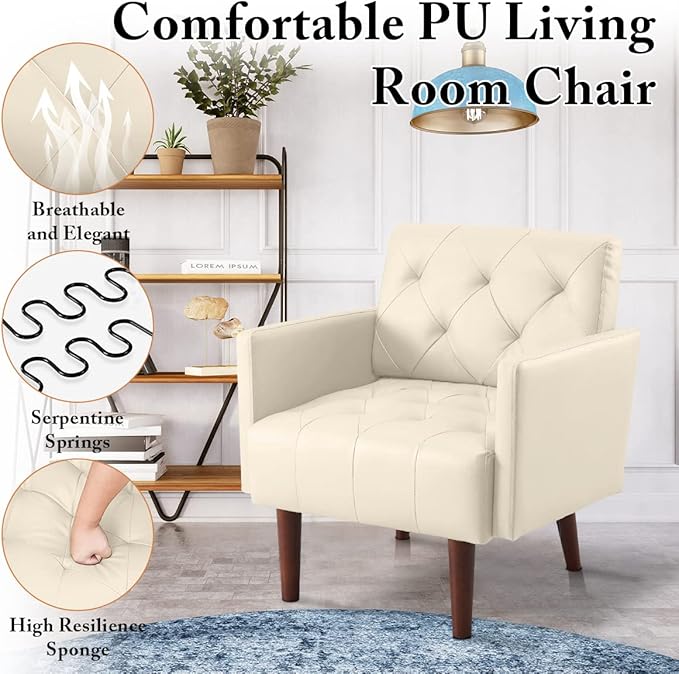 Faux Leather Accent Chair Modern Retro Arm Chair for Living Room and Bedroom Tufted Upholstered Sofa Club Chair Comfy Armchair for Small Spaces Bedroom Office (Beige)