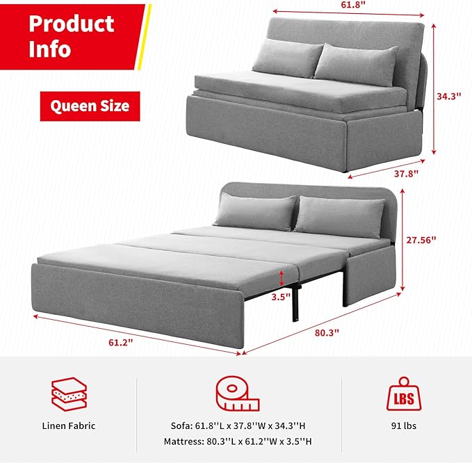 PUREMIND Queen Size Pull Out Sleeper Sofa Bed Linen Convertible Sofa Bed with Foldable Mattress Loveseat Couch Pull Out Bed with 2 Cushions for Small Place Apartment Office Grey
