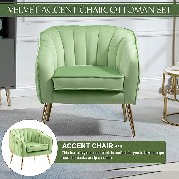 Velvet Accent Sofa Chair with Ottoman Comfy Living Room Chairs with Adjustable Legs Modern Upholstered Tufted Lounge Barrel Chair Ottoman Set for Bedroom Home Office (Grass Green)