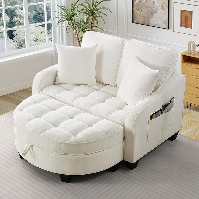 Oversized Chair and A Half Chenille Tufting Accent Cozy Reading Sofa Chair with Storage Ottoman Upholstered Loveseat Chaise Lounge Sofa with Adjustable Back for Living Room Office Sunroom Beige