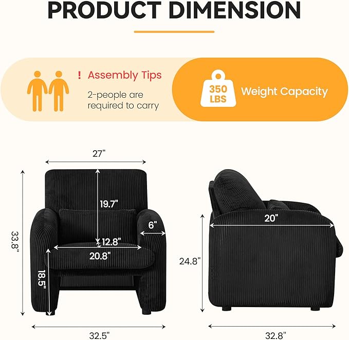 Modern Accent Chair Comfy Upholstered Corduroy Armchair Stylish Lounge Reading Chair for Living Room Bedroom Black