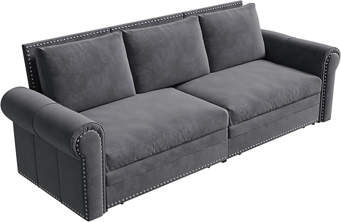 Eafurn 93.7 King Size Pull Out Sofa Bed 3-in-1 Convertible Sleeper Sofa Couch Bed with Nailhead Decor and Rolled Arms Velvet Oversized Chesterfield Loveseat Chaise Lounge