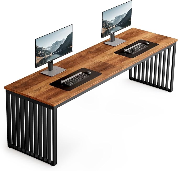 LITTLE TREE Two Person Desk 78.74 Extra Long Computer Desk for 2 People Rustic Brown Wooden Double Study Desk with Black Heavy Duty Metal Legs Large Business Workstation for Home Office