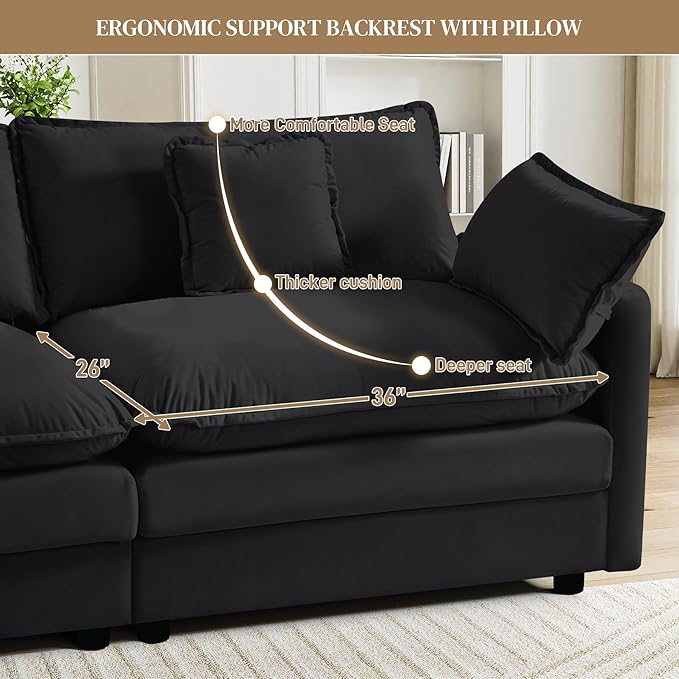 Cloud Couch Sectional Modular Sofa114.4 Comfy Black Sectional Couches for Living Room Upholstered U Shape 3 Seat Deep Cloud Sofa with Movable Ottoman DIY Combination Velvet Black