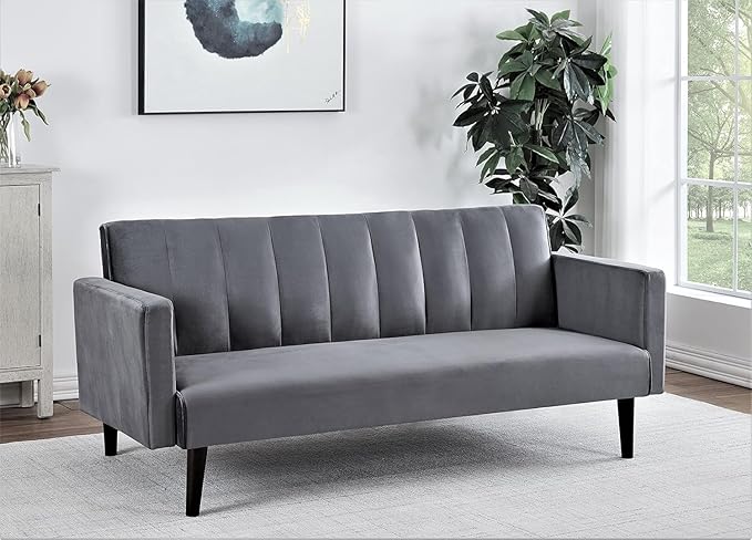 72 Velvet Convertible Futon Sofa Bed - Full Out Twin Sleeper Couch w/Channel Stitch Wood Frame &amp High-Density Foam - Space-Saving for Apartments/Dorms Grey