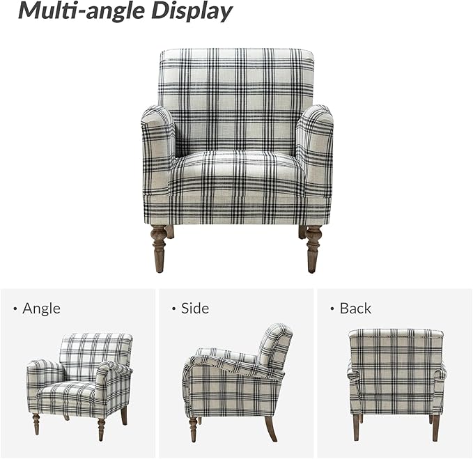 HULALA HOME Modern Accent Chair with Arms &amp Wooden Legs Comfy Upholstered Armchair Sofa Chair for Bedroom Living Room(Plaid Pattern Black)