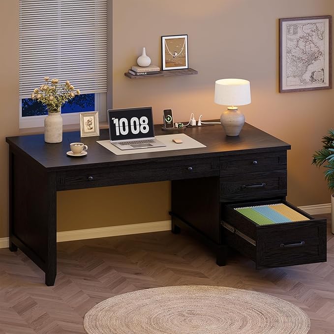 Farmhouse Home Office Desk with Power Outlets &amp USB Ports 53.5 Inch Writing Desk with Adjustable File Cabinet and Storage Drawers Executive Computer Desk for Study Workspace