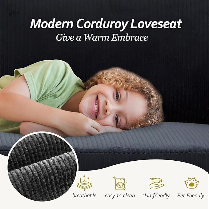 60 Black Modern Corduroy Loveseat Couch Plush Cloud Upholstered Cushions Mini Sofa 2-Seater Love Seat for Compact Small Space Living Room and Apartment Office Furniture Couche (60 Black)