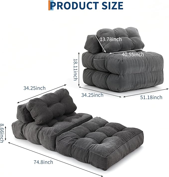 Folding Sofa Bed Convertible Sleeper Chair with Pillow Foldable Mattress&ampSide Pocket Portable Fold Out Chair Bed Comfy Floor Sofa Lounge for Living Room Bedroom Dark Grey Single