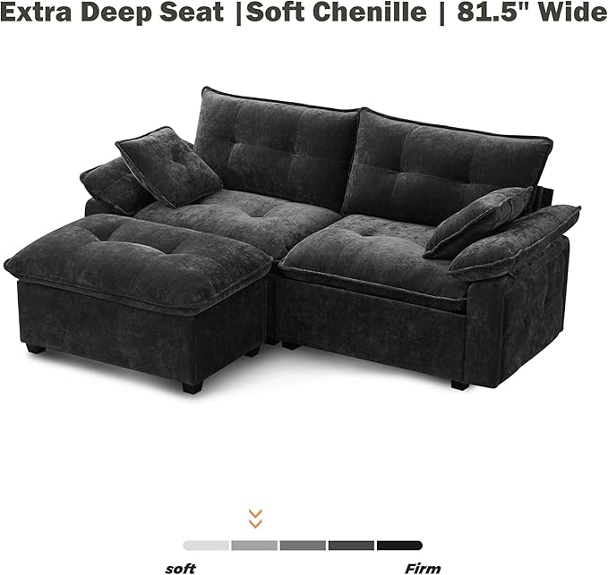 Modular Loveseat Sofa with Ottoman 81.5'' Deep Seat 2-Seater Chenille Couch Comfy L Shaped Convertible Small Sofa for Apartment Living Room Office Soft FabricLoveseat Sofa (Charcoal)