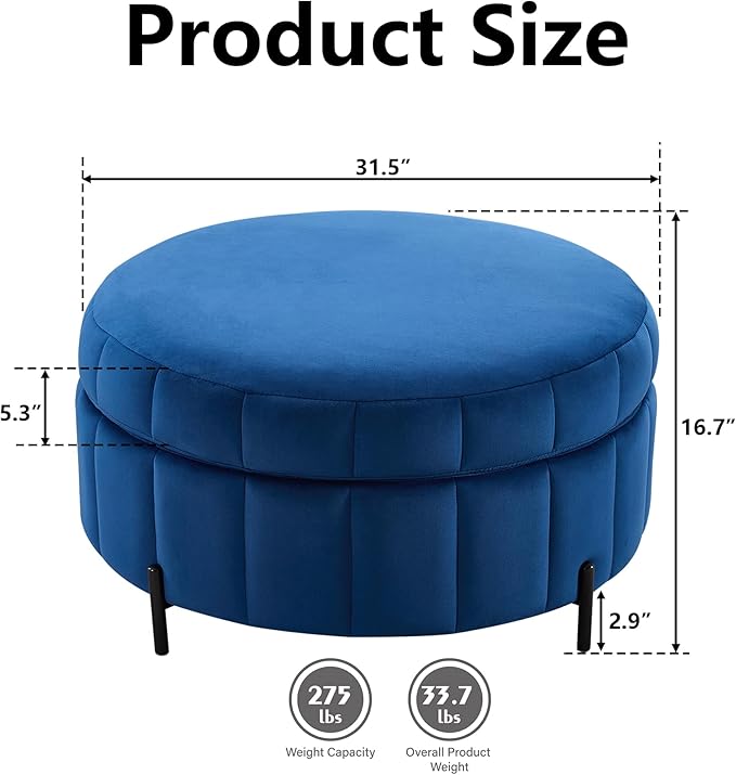 Navy Round Ottoman with StorageReversible Lid Upholstered Ottoman Coffee Table 31.5Circle Foot Stool for Living RoomBedroom