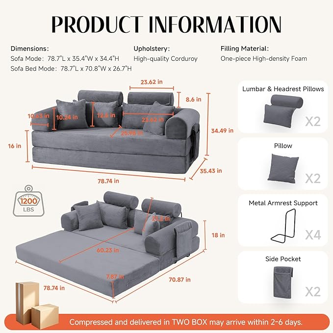 79 Corduroy Sofa Bed Sleeper Couch 6-in-1 Convertible Boneless Floor Futon Loveseat High-Density Foam Couch in a Box with 2 Headrest Pillows No Assembly Dark Grey
