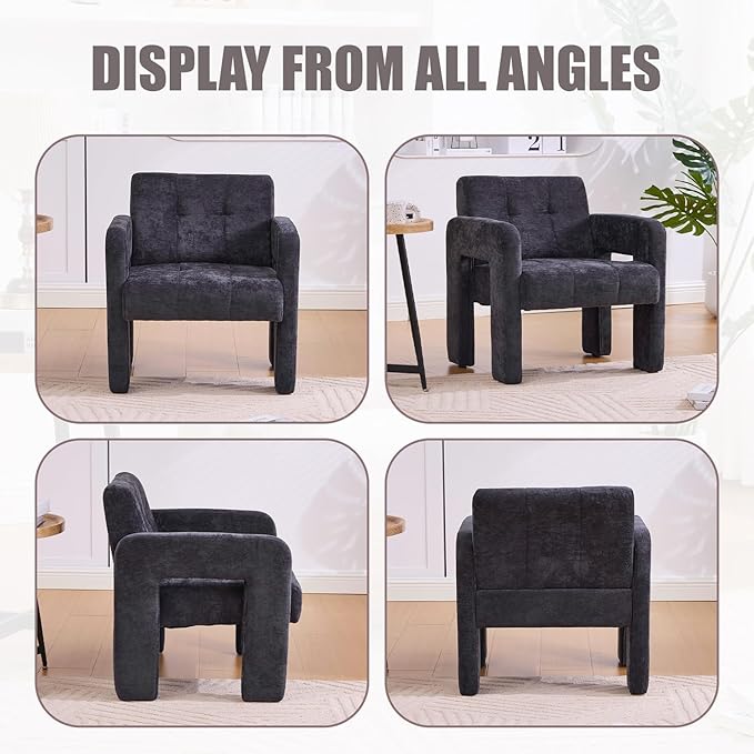 Modern Accent Chair Set of 1 Chenille Fabric Upholstered Reading Armchair Mid-Century Leisure Comfy Single Sofa Chair for Living Room Bedroom Home Office (Black Set of 1)