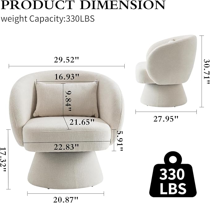 Swivel Accent Chair Sherpa Bucket Chair Velvet Upholstered Armchair 360° Swivel Bucket Shaped Armchair with Pillow and Round Back for Living Room Bedroom Nursery (Beige)