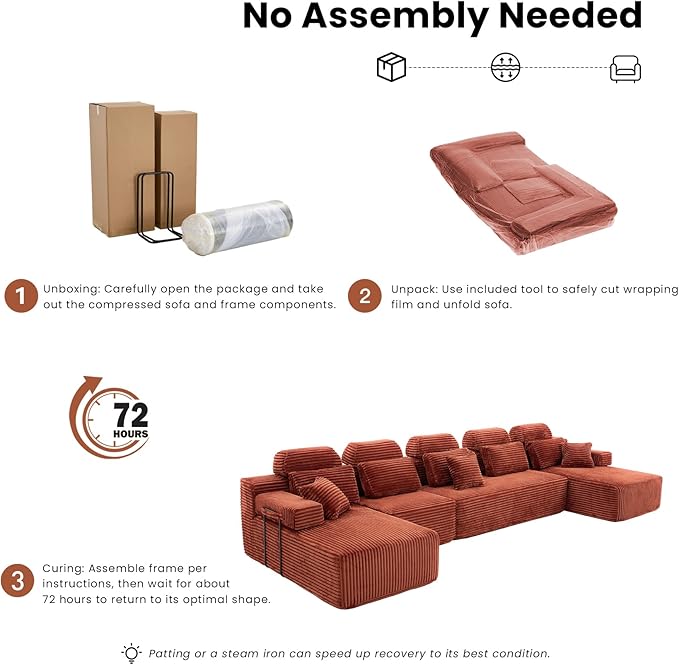 171 Boneless Couch with Reversible Chaise U Shaped Sectional Couches for Living Room Modular Sectional Sofa 28 Deep Seat Corduroy Couch Reversible Chaise Couch in a Box Orange
