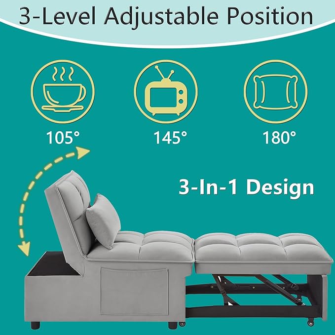 4 in 1 Bouncer with Pull-Out Bed Convertible Slip on Sofa Chair with Storage Pockets and Adjustable Backrest Comfortable Folding Footrest Bed Living Room (Gray)
