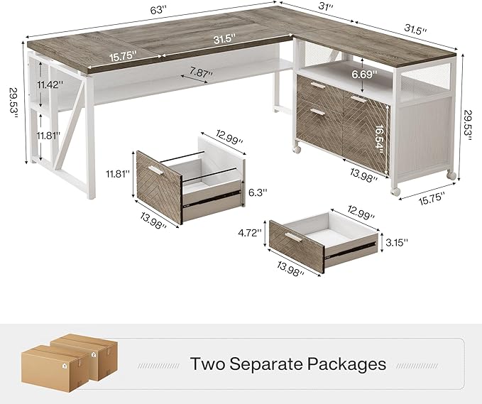 Tribesigns L-Shaped Desk with Drawers 63 Executive Office Desk with Mobile File Cabinet and Storage Shelves Home Office Business Furniture Set (Gray White)
