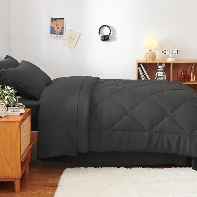 CozyLux Twin XL Comforter Set Dark Grey - 5 Pieces Twin Extra Long Bed in a Bag for College Dorm All Season Bedding Set for Girls and Boys Soft Bed Set with Comforter Sheets Pillowcase &amp Sham