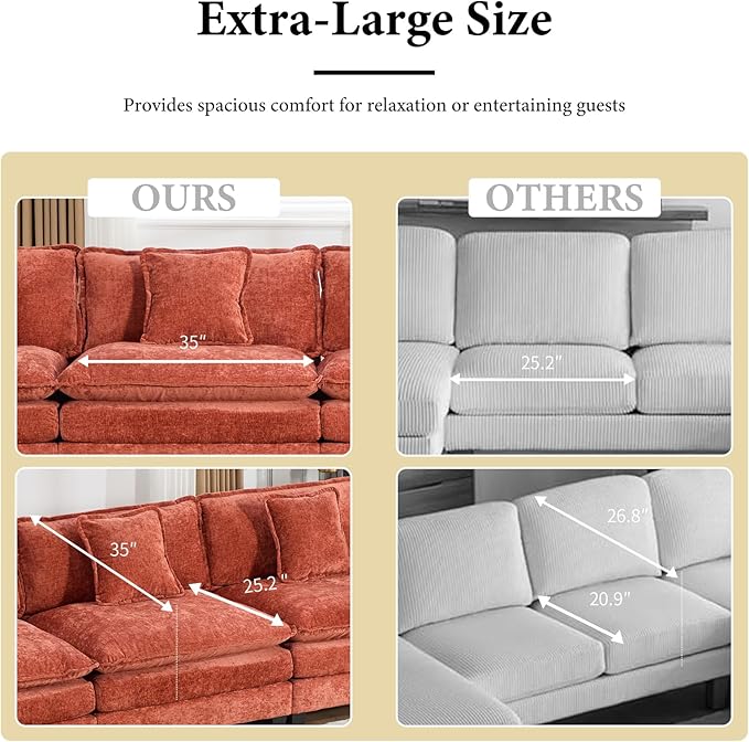 146.5 Orange Modular Sectional Sofa 4 Seater Large Sectional Couches for Living Room Chenille Fabric Oversized Cloud Couch with Ottoman Deep Seat Home Sofas Set Sofá Moderno L Shaped