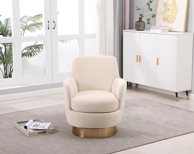 Velvet Swivel Accent Chair Upholstered Barrel Chair with Golden Base Comfy Sherpa Round Boucle Chair 360-degree Swivel Armchair for Living Room Bedroom Lounge Office Nursery Club Beige