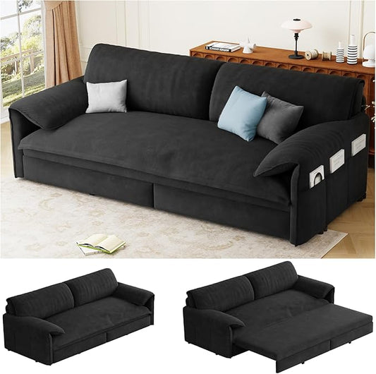 66 Queen Pull Out Couch BedVelvet 3-in-1 Queen-Size Sleeper SofaConvertible Pull-Out Sofa Bed with Side PocketsSleeper Loveseat for Living RoomApartment Offices (Black)
