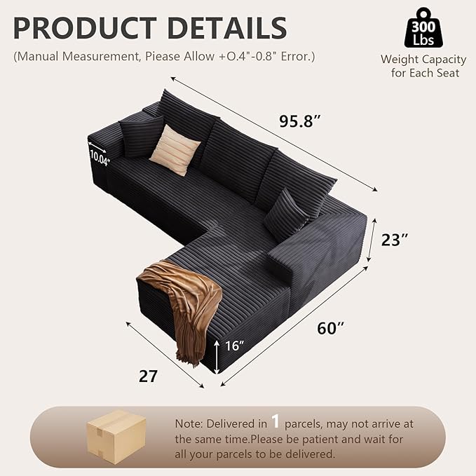 95 Cloud Sectional Couch with L-Shape Chaise Modern Corduroy Boneless Deep Seat Sofa 3-Seater Modular Sleeper Couch for Living Room Bedroom Apartment No Assembly (Black Right-Facing Chaise)