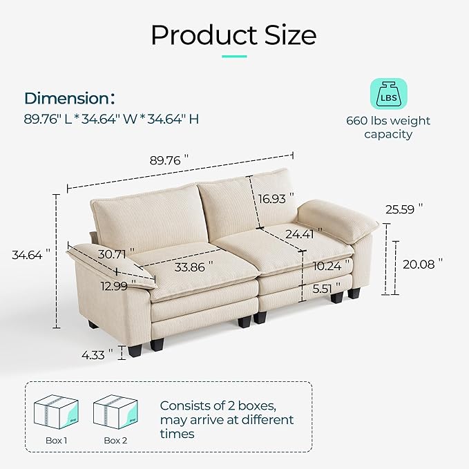 LINSY HOME 90'' Cloud Loveseat Sofa Modular Sectional Couches Corduroy Cloud Couch Soft Modern Comfy Love Seat Sofa Set for Living Room Apartment Office Beige
