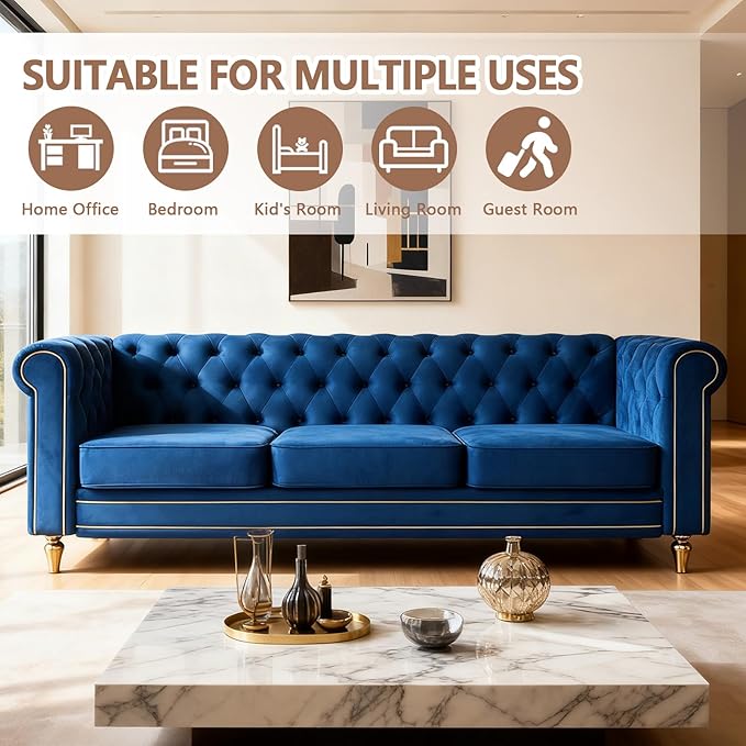 84 Velvet Sofa with Gold Legs Luxury Tufted Couch for Living Room Chesterfield Sofa with Thick Cushion Wide Armrest High-Density Foam Gold Strip Trim (Blue)