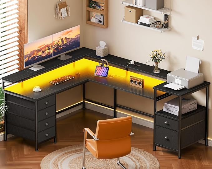 Furologee 66 Reversible L Shaped Gaming Desk with 6 Drawers &amp Printer Storage Shelves Corner Computer Desk with Power Outlets &amp LED Lights Home Office Table with Monitor Stand Black